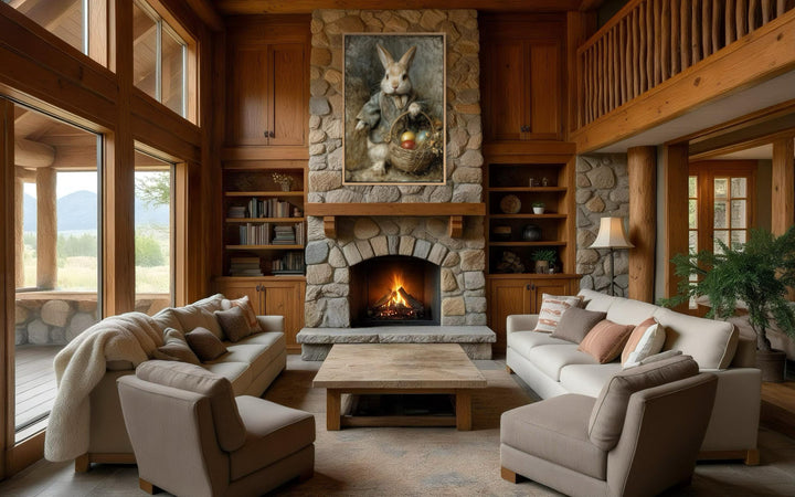 Vintage rabbit painting with a basket of Easter eggs displayed above a stone fireplace.