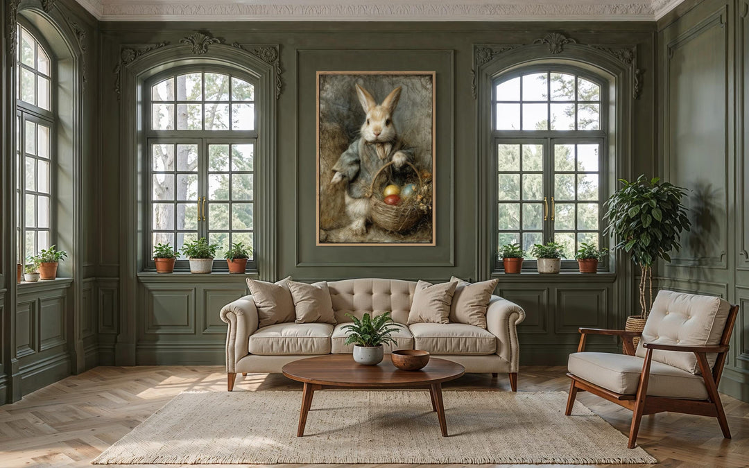 Vintage rabbit painting with a basket of Easter eggs in a vertical frame above a beige sofa.