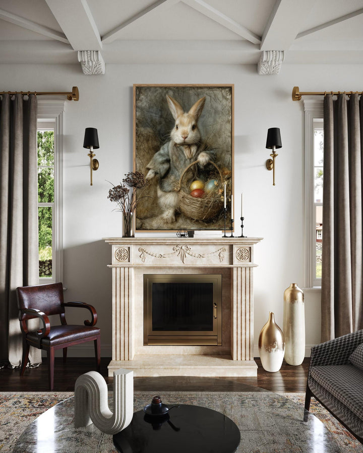 Vintage rabbit painting of an Easter bunny with a basket of eggs in a vertical wooden frame.