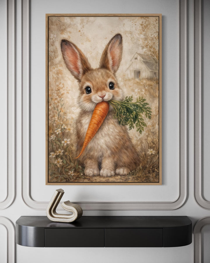 A framed canvas print of a cute bunny holding a carrot, styled as spring farmhouse wall decor.