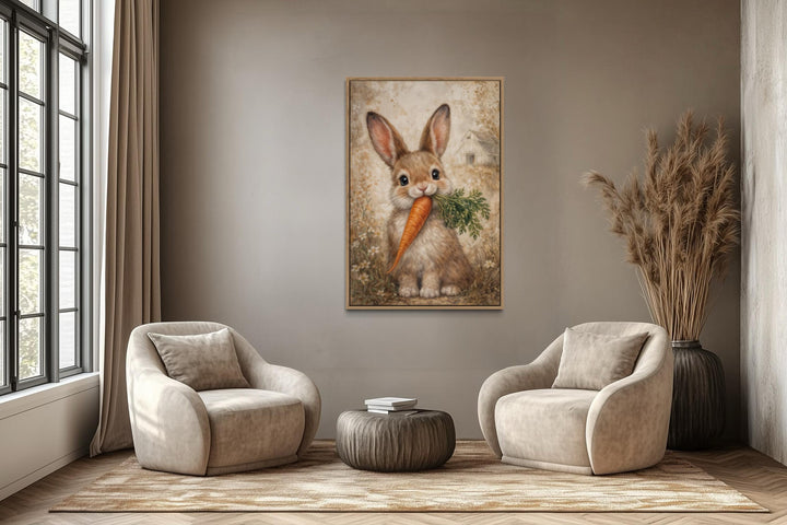 A framed canvas print of a cute bunny holding a carrot hangs in a neutral farmhouse living room.