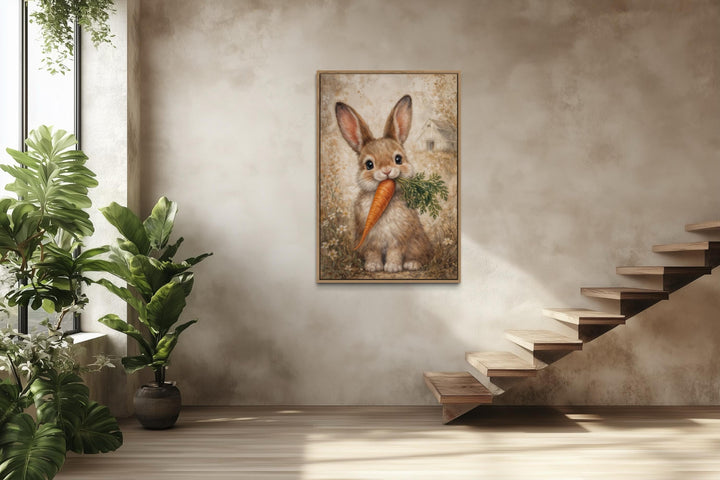 A framed canvas print of a cute bunny holding a carrot hangs in a neutral farmhouse-style room.