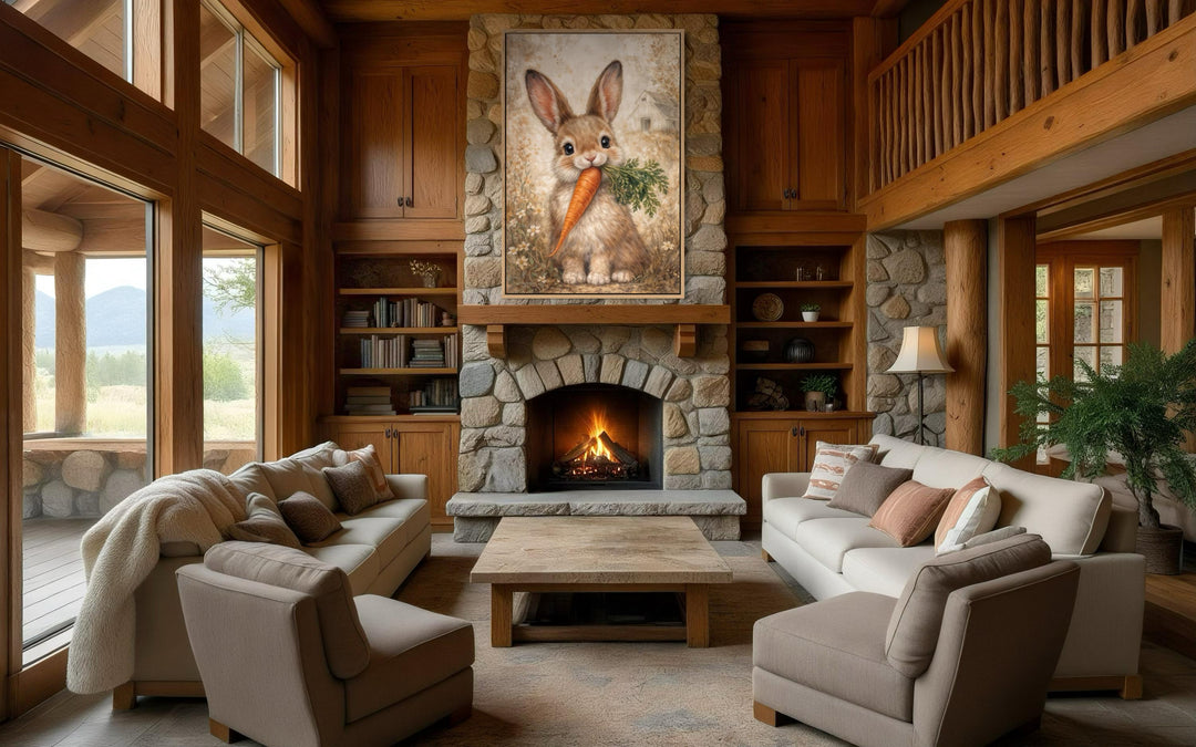 A neutral-toned canvas print of a bunny with a carrot hangs above a fireplace in a rustic living room.
