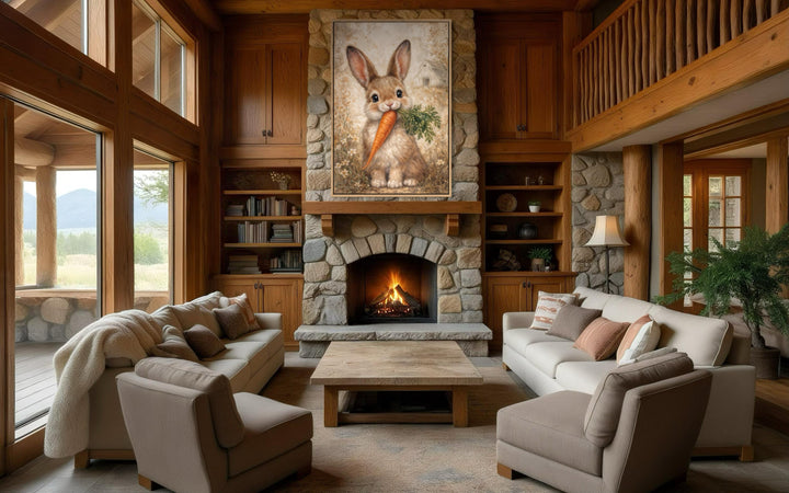 A neutral-toned canvas print of a bunny with a carrot hangs above a fireplace in a rustic living room.