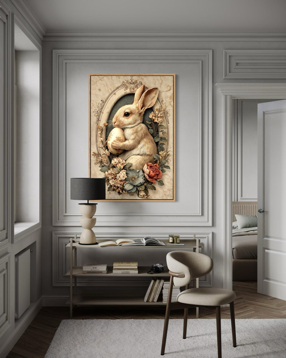 Vintage bunny wall art with florals and an egg in a framed canvas print on a paneled wall.