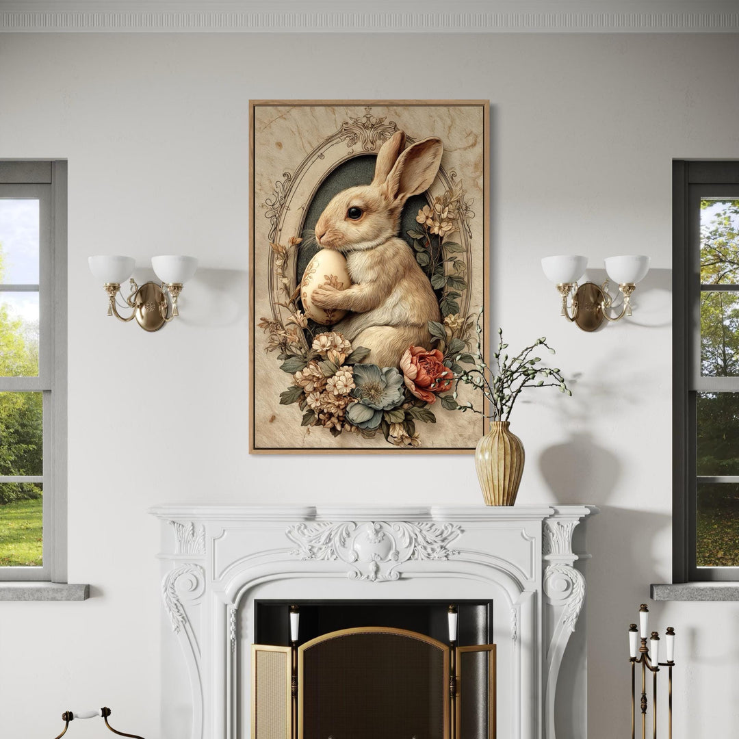 Framed canvas print of a vintage bunny holding an egg with florals, hanging above a white fireplace.