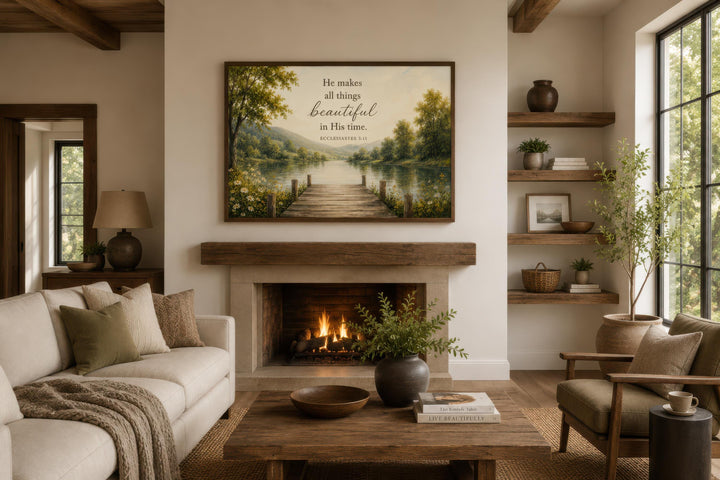 Ecclesiastes 3:11 Scripture wall art on rustic canvas above a fireplace in a cozy living room.