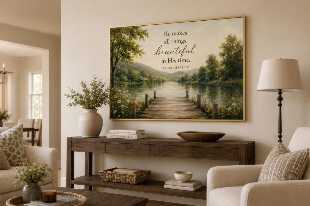 Ecclesiastes 3:11 scripture wall art featuring a serene lake and forest landscape on rustic canvas.