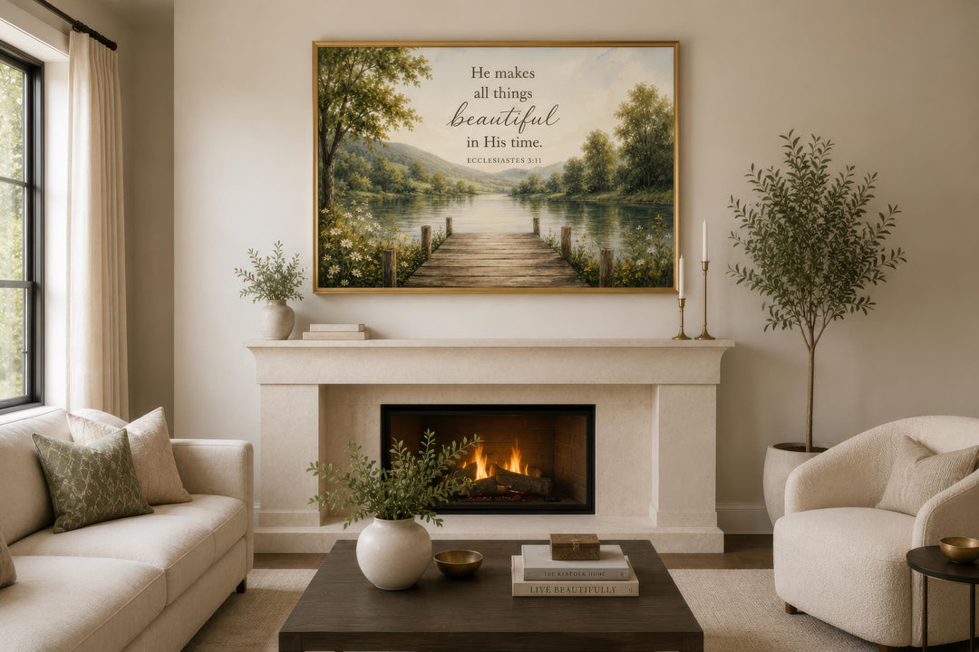 Ecclesiastes 3:11 scripture canvas art with a forest and lake scene above a fireplace.