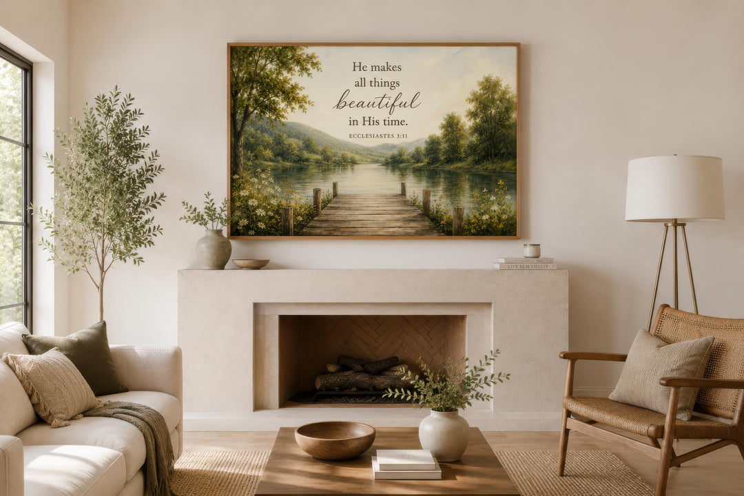 Ecclesiastes 3:11 Scripture on Rustic Canvas Christian Wall Art above a fireplace in a living room.