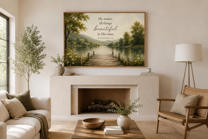 Ecclesiastes 3:11 Scripture on Rustic Canvas Christian Wall Art above a fireplace in a living room.