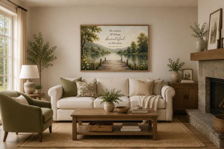 Ecclesiastes 3:11 Scripture on Rustic Canvas Christian Wall Art above a sofa in a living room.