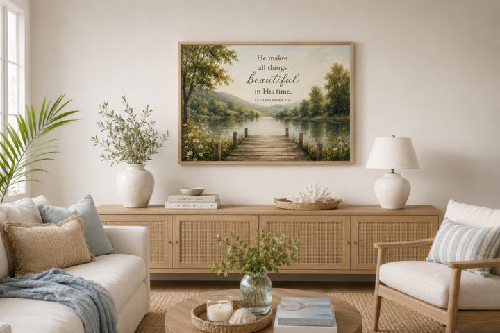 Ecclesiastes 3:11 scripture on rustic canvas wall art featuring a serene lake and forest landscape.