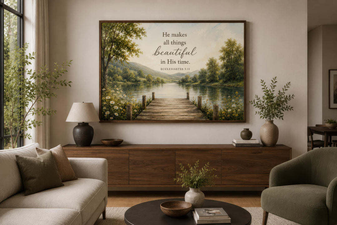 Ecclesiastes 3:11 Scripture on Rustic Canvas Wall Art featuring a lake and forest landscape.