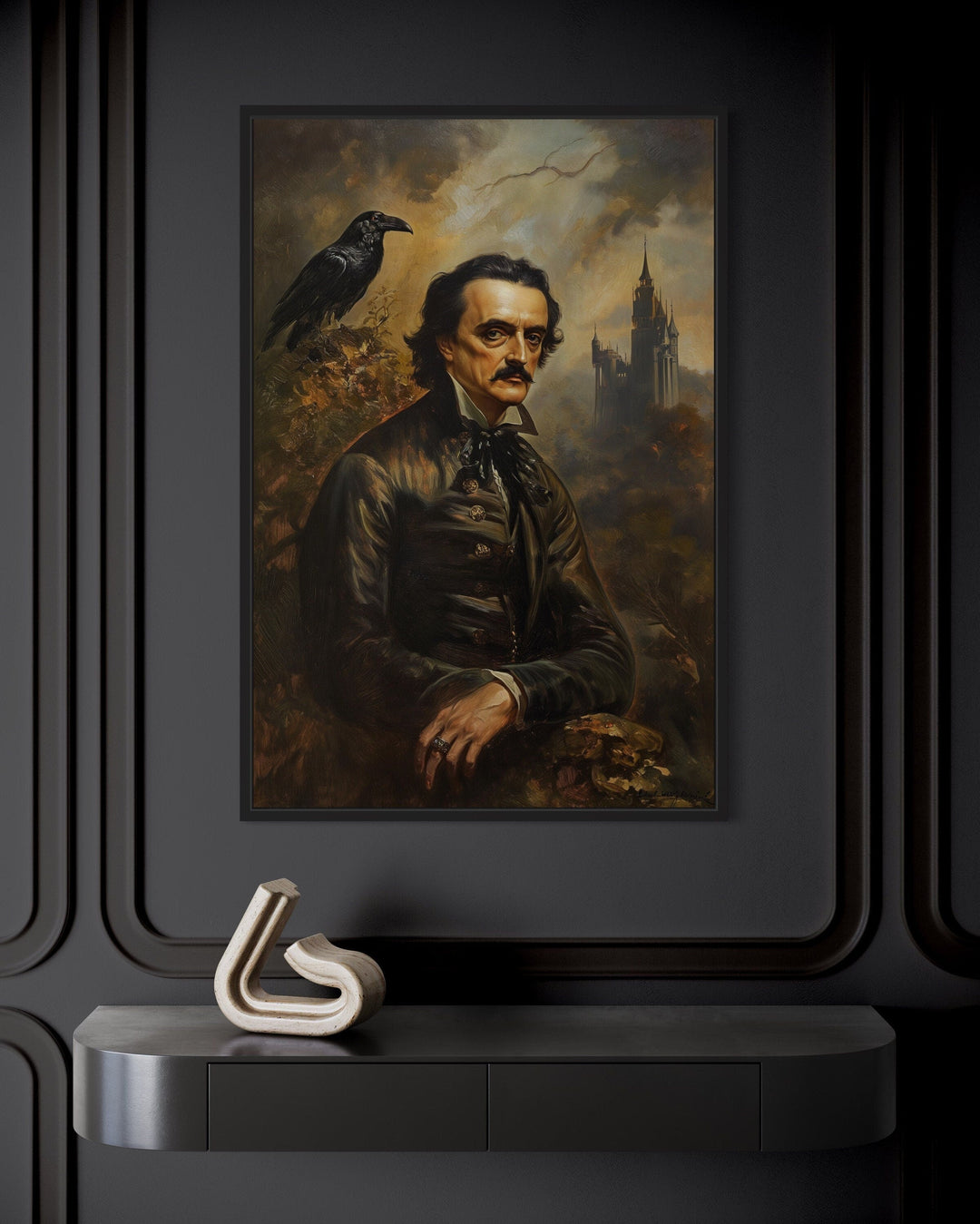 Edgar Allan Poe and raven gothic framed canvas wall art.