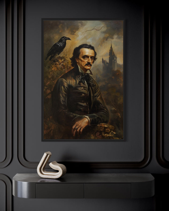 Edgar Allan Poe and raven gothic framed canvas wall art.