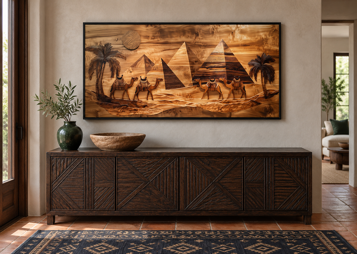 Egypt wall art canvas print featuring a wood texture scene of camels and pyramids in the desert.