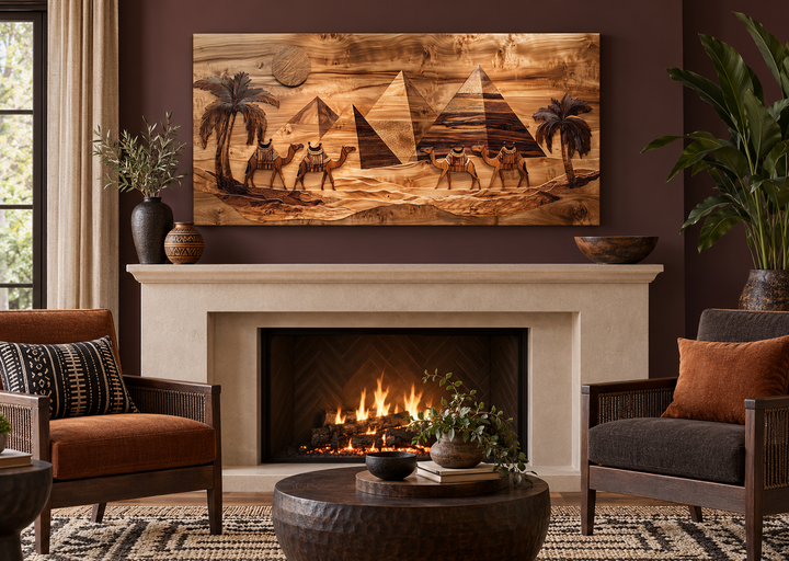 Egypt wall art with camels and pyramids in a wood texture style above a fireplace.