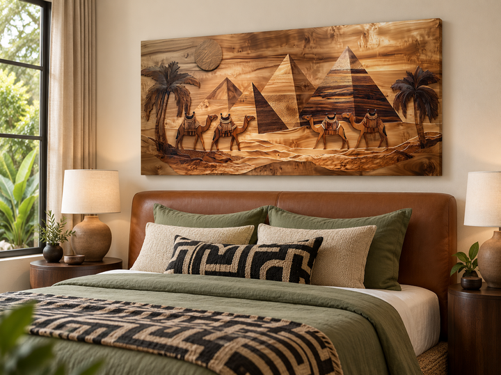 Egypt wall art canvas print with wood texture style featuring camels and pyramids over a bed.