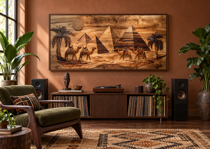 Egypt wall art featuring a wood-textured desert scene with camels and pyramids above a media console.