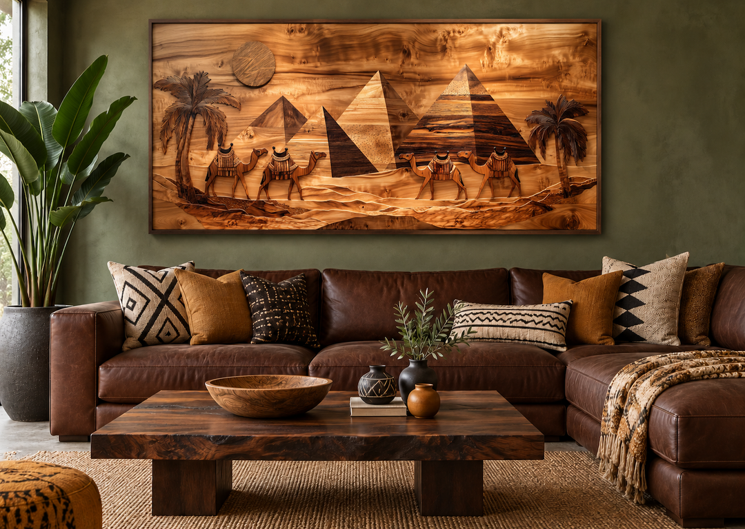 Egypt wall art featuring camels and pyramids in a wood texture style above a brown leather sofa.