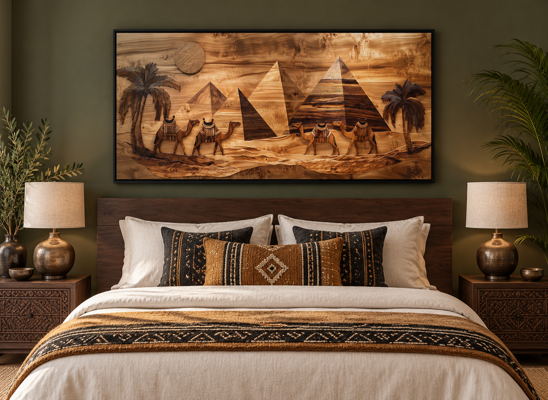 Egypt wall art canvas print with wood texture style of camels and pyramids above a bed.