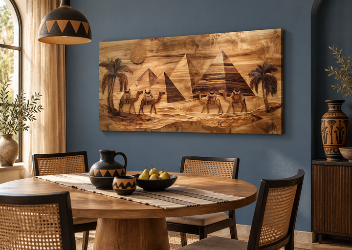 Egypt wall art canvas print with wood texture style showing camels and pyramids in a dining room.