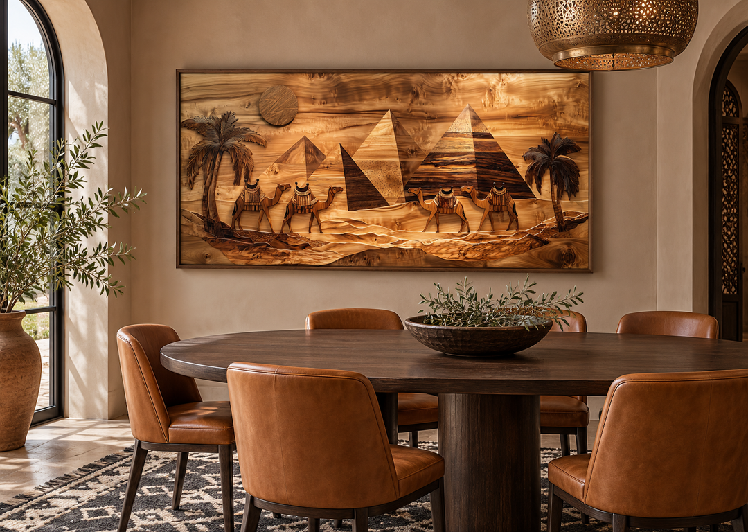 Egypt wall art canvas print with wood texture style of camels and pyramids in a dining room.