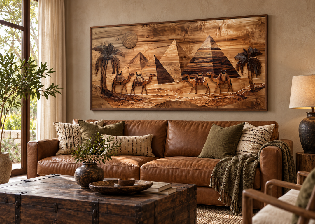 Egypt wall art featuring camels and pyramids in a wood texture style above a brown leather sofa.