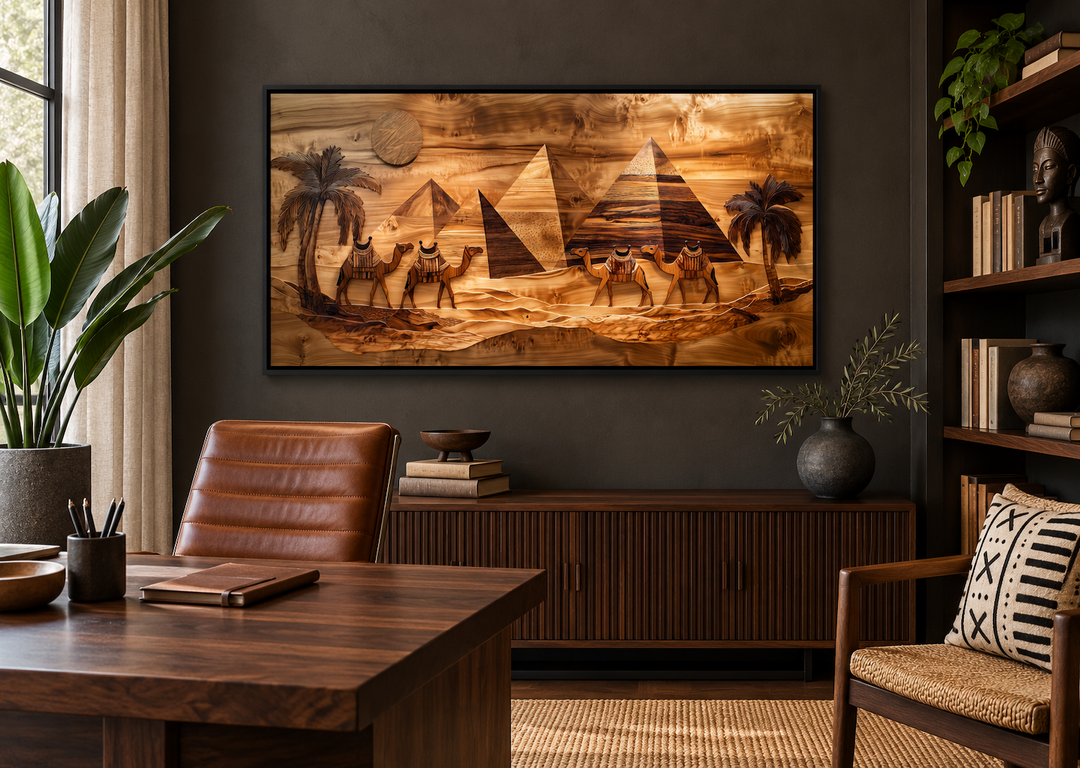 Egypt wall art canvas print featuring camels and pyramids in a wood texture style in a home office.