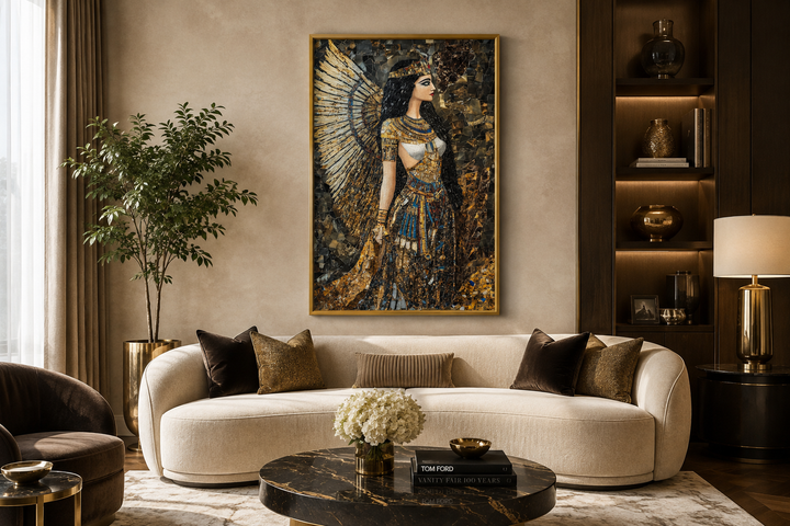 Goddess Isis mosaic-style framed canvas wall art hanging above a cream sofa in a modern living room.