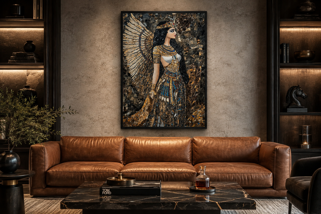 Goddess Isis mosaic-style framed canvas wall art hanging above a brown leather sofa in a living room.