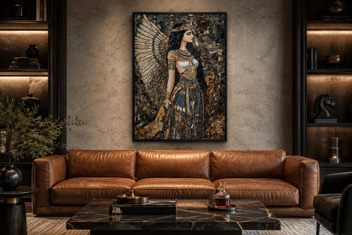 Goddess Isis mosaic-style framed canvas wall art hanging above a brown leather sofa in a living room.