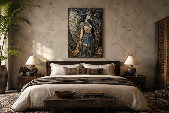 Goddess Isis mosaic-style framed canvas wall art hanging above a bed in a neutral-toned bedroom.