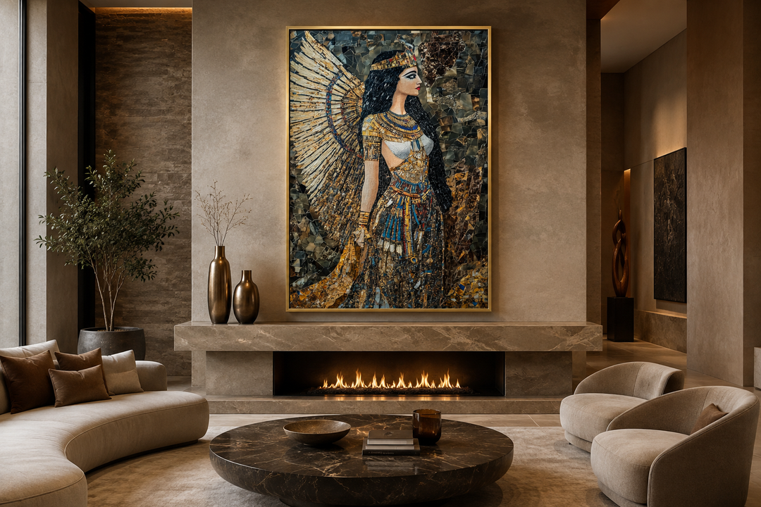 Goddess Isis mosaic-style Egyptian framed canvas wall art above a fireplace in a modern living room.