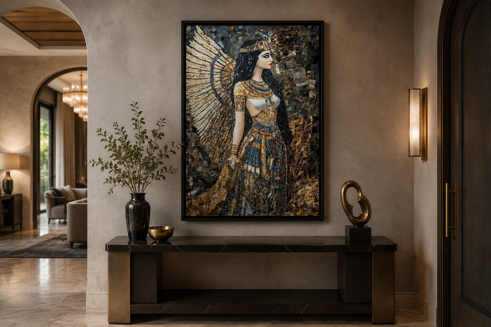 Goddess Isis mosaic-style framed canvas wall art displayed above a black marble console table.