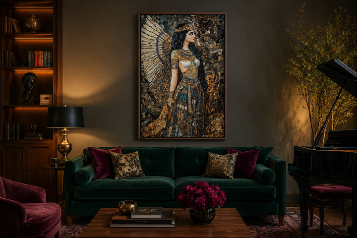 Goddess Isis Mosaic Style Egyptian Framed Canvas Wall Art hanging above a green velvet sofa.