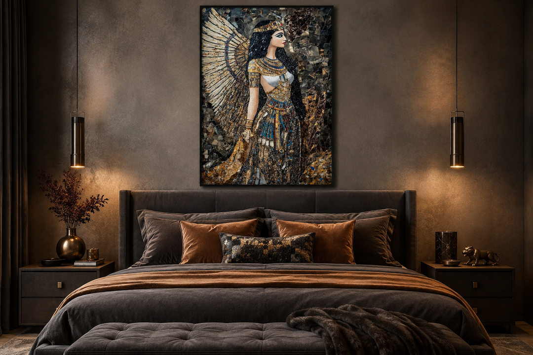 Goddess Isis mosaic-style Egyptian framed canvas wall art hanging above a bed in a dark bedroom.