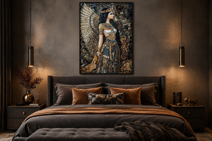 Goddess Isis mosaic-style Egyptian framed canvas wall art hanging above a bed in a dark bedroom.