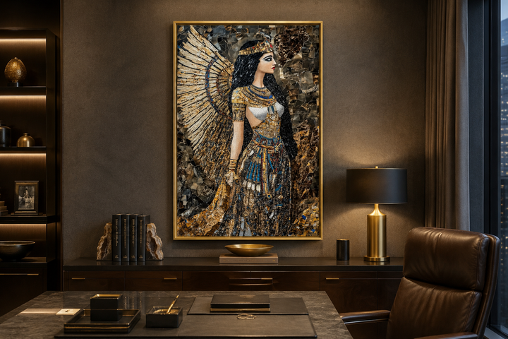 Goddess Isis mosaic-style framed canvas wall art in a gold frame above a dark wood office desk.