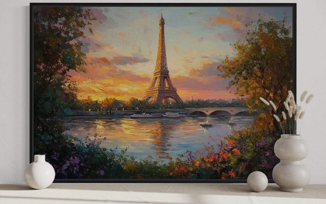 Eiffel Tower Across Seine River Framed Canvas Wall Art