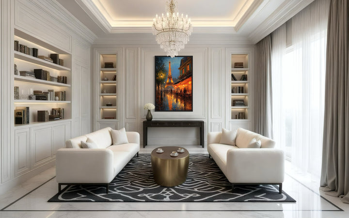 Framed canvas wall art of the Eiffel Tower and a Parisian street cafe at night in a white room.