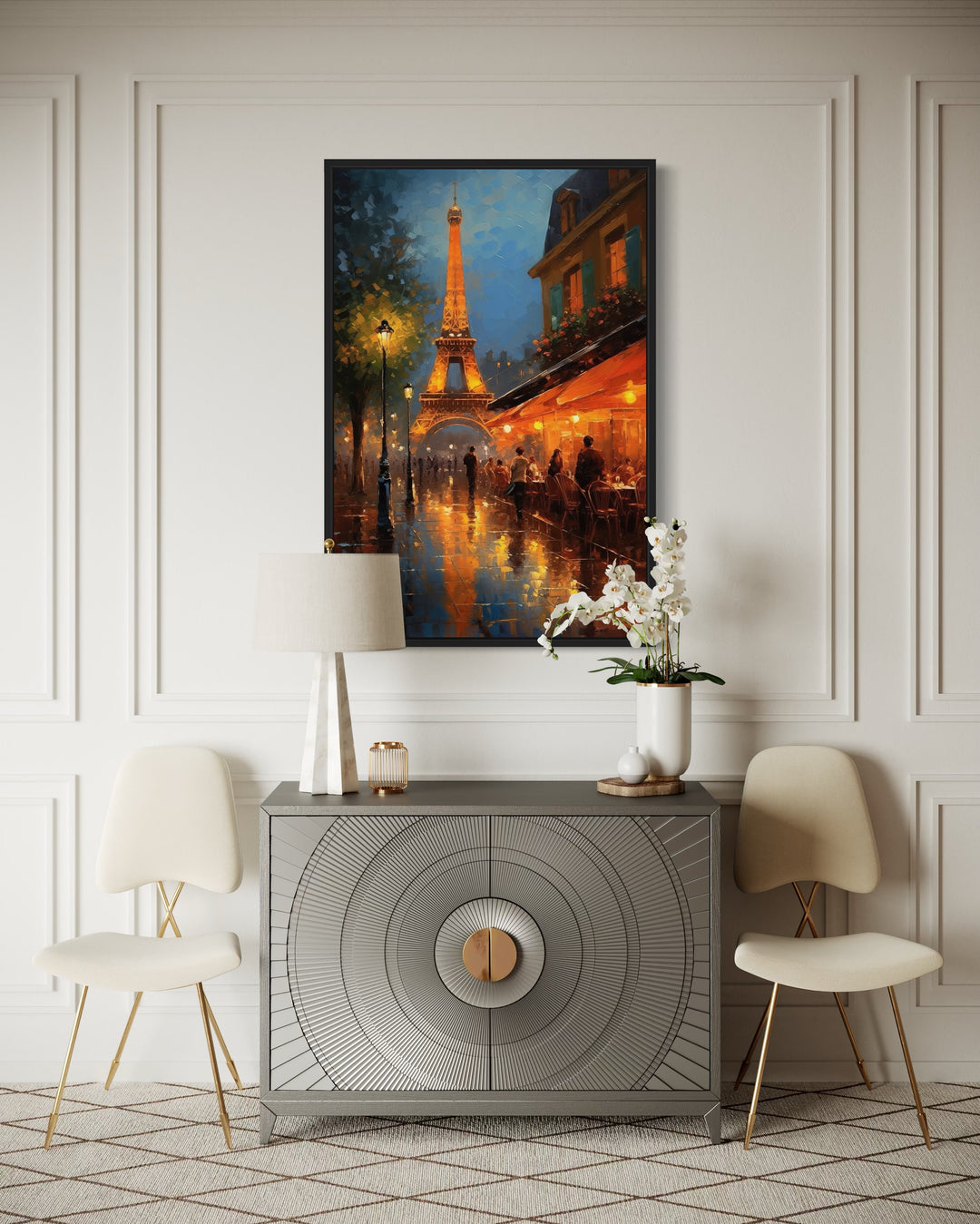 Eiffel Tower and Paris Street Cafe framed canvas wall art hanging above a modern grey sideboard.