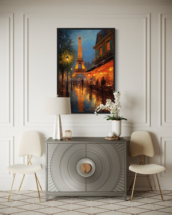 Eiffel Tower and Paris Street Cafe framed canvas wall art hanging above a modern grey sideboard.
