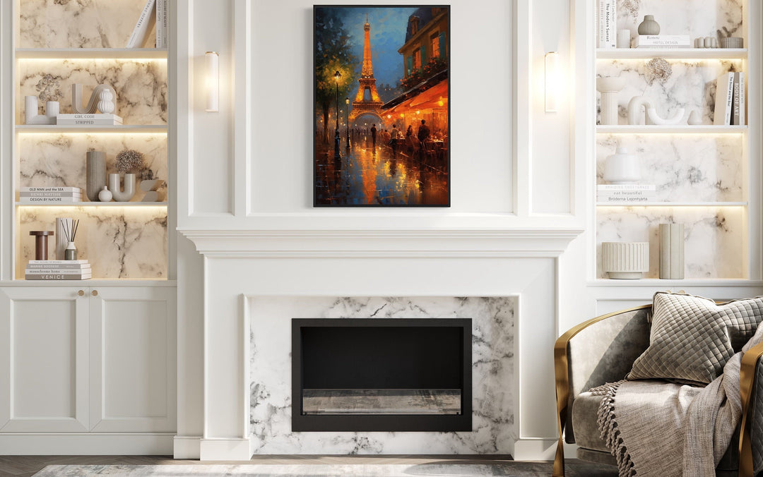 Eiffel Tower And Paris Street Cafe Framed Canvas Wall Art