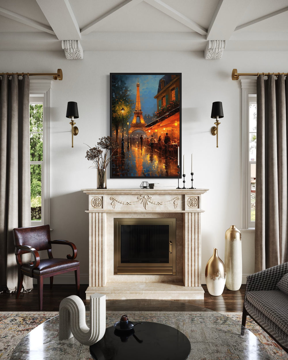 Eiffel Tower and Paris Street Cafe framed canvas wall art hanging above a marble fireplace mantel.