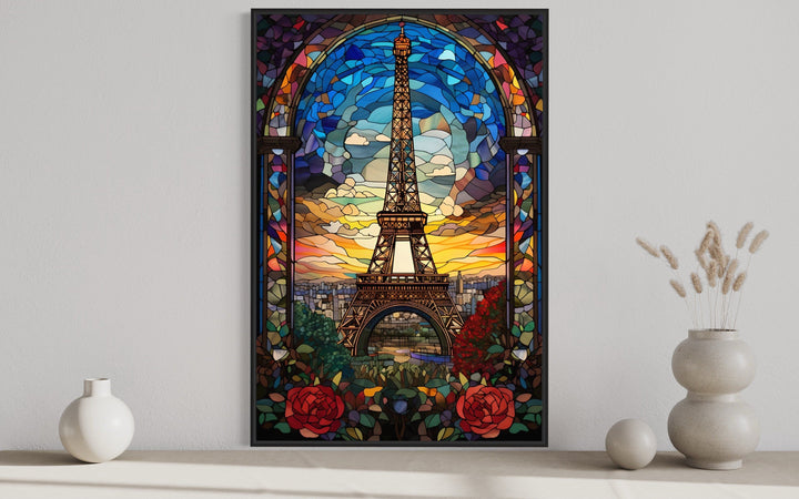 Eiffel Tower Stained Glass Style Framed Canvas Wall Art