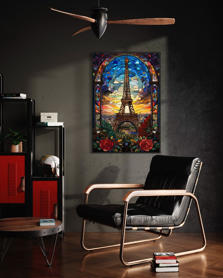 Eiffel Tower Stained Glass Style Framed Canvas Wall Art