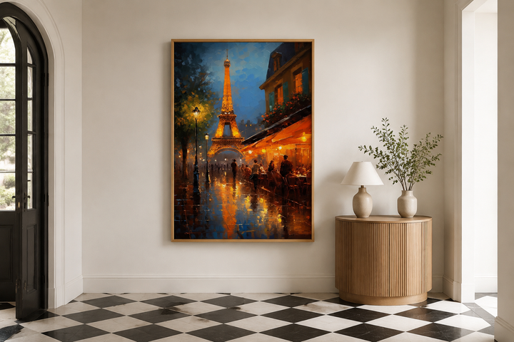 Framed canvas wall art of the Eiffel Tower and a Paris street cafe at night in an oil painting style.