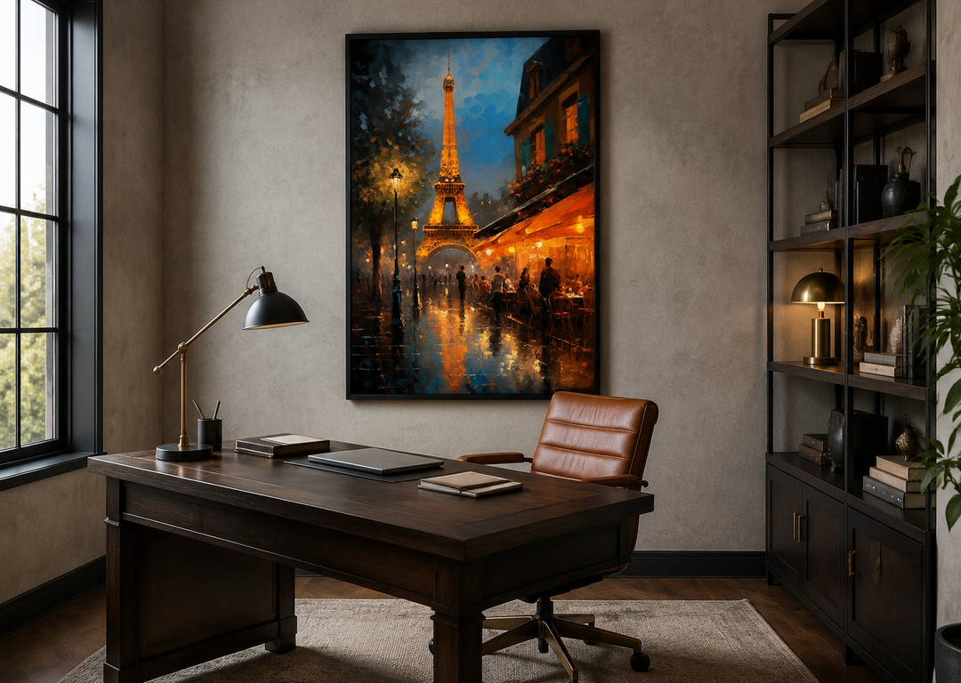 Framed canvas wall art of the Eiffel Tower and a Paris street cafe in a home office setting.